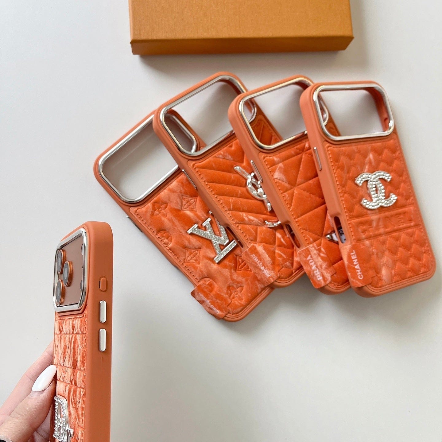 HypedEffects louis vuitton and gucci Leather Phone Case with Metal Logo for iPhone 13 to iPhone 17 Pro Max