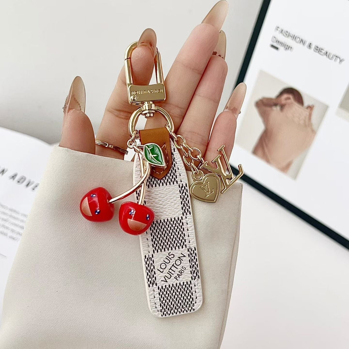 HypedEffects louis vuitton Cherry Charm Keychain with Monogram Leather Strap Luxury Designer Bag and Key Accessory