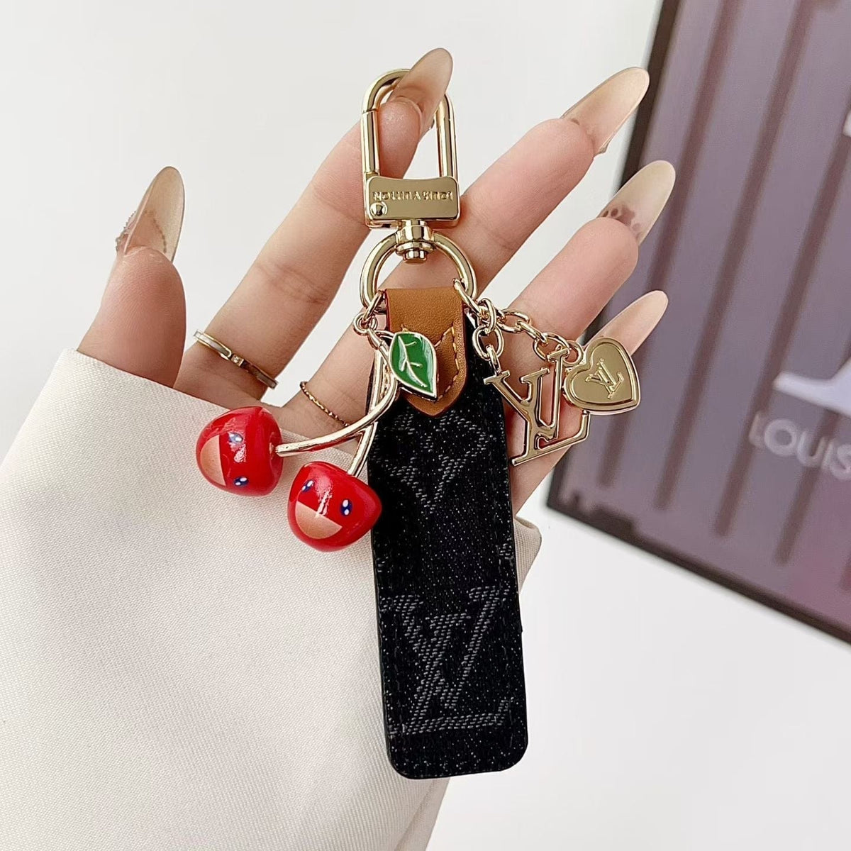HypedEffects louis vuitton Cherry Charm Keychain with Monogram Leather Strap Luxury Designer Bag and Key Accessory