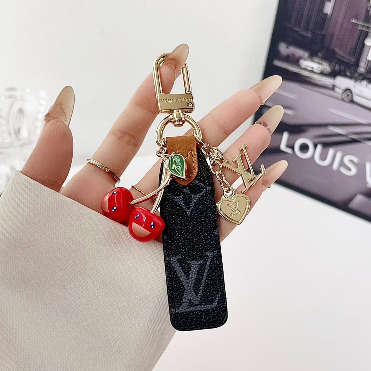 HypedEffects louis vuitton Cherry Charm Keychain with Monogram Leather Strap Luxury Designer Bag and Key Accessory