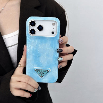 HypedEffects Prada Crocodile-Embossed Phone Case for iPhone 17 with Iconic Metal Triangle Logo