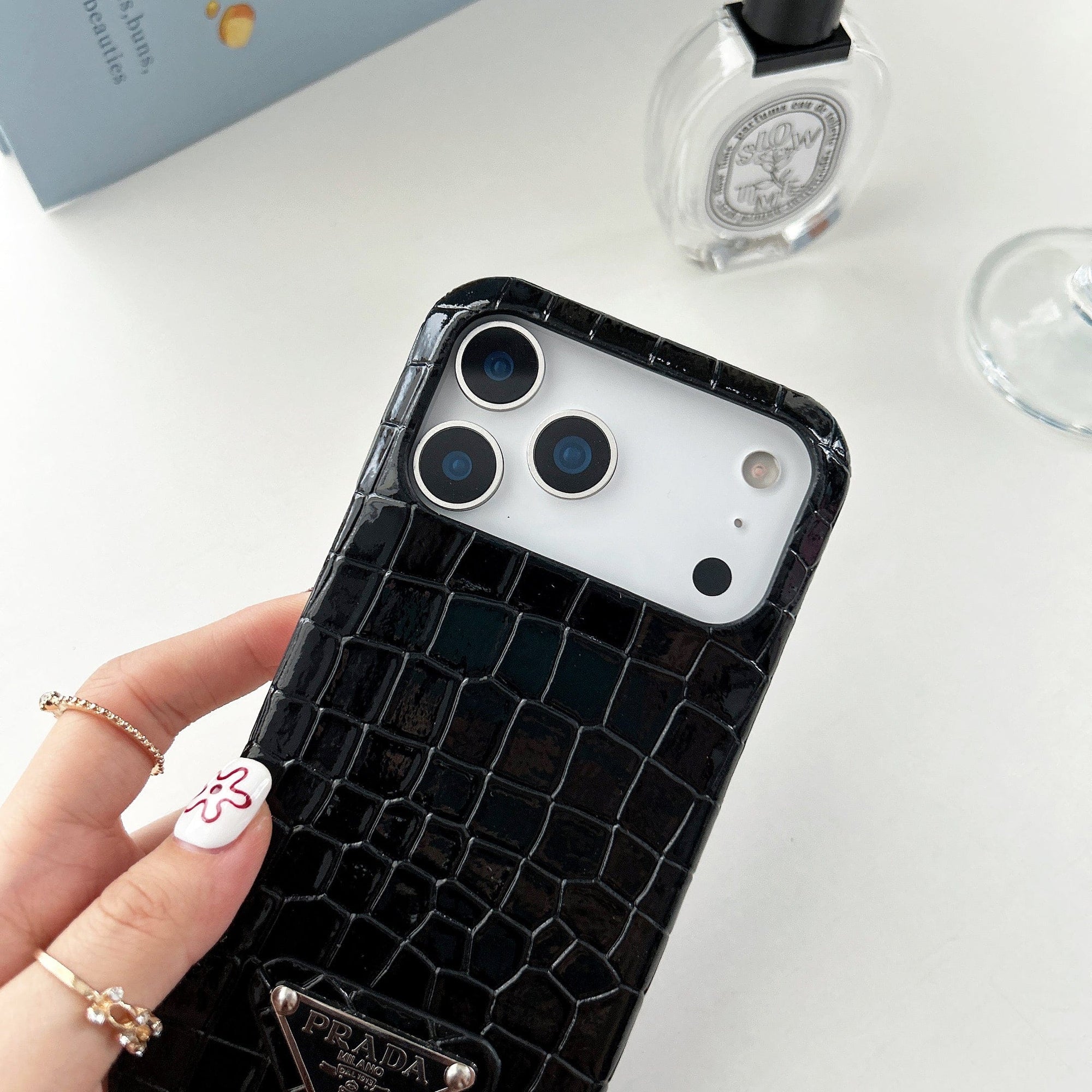 HypedEffects Prada Crocodile-Embossed Phone Case for iPhone 17 with Iconic Metal Triangle Logo