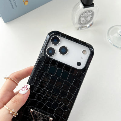 HypedEffects Prada Crocodile-Embossed Phone Case for iPhone 17 with Iconic Metal Triangle Logo