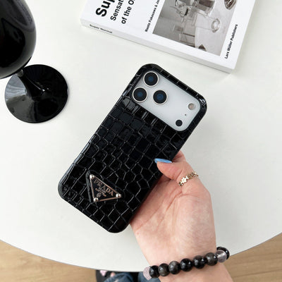 HypedEffects Prada Crocodile-Embossed Phone Case for iPhone 17 with Iconic Metal Triangle Logo