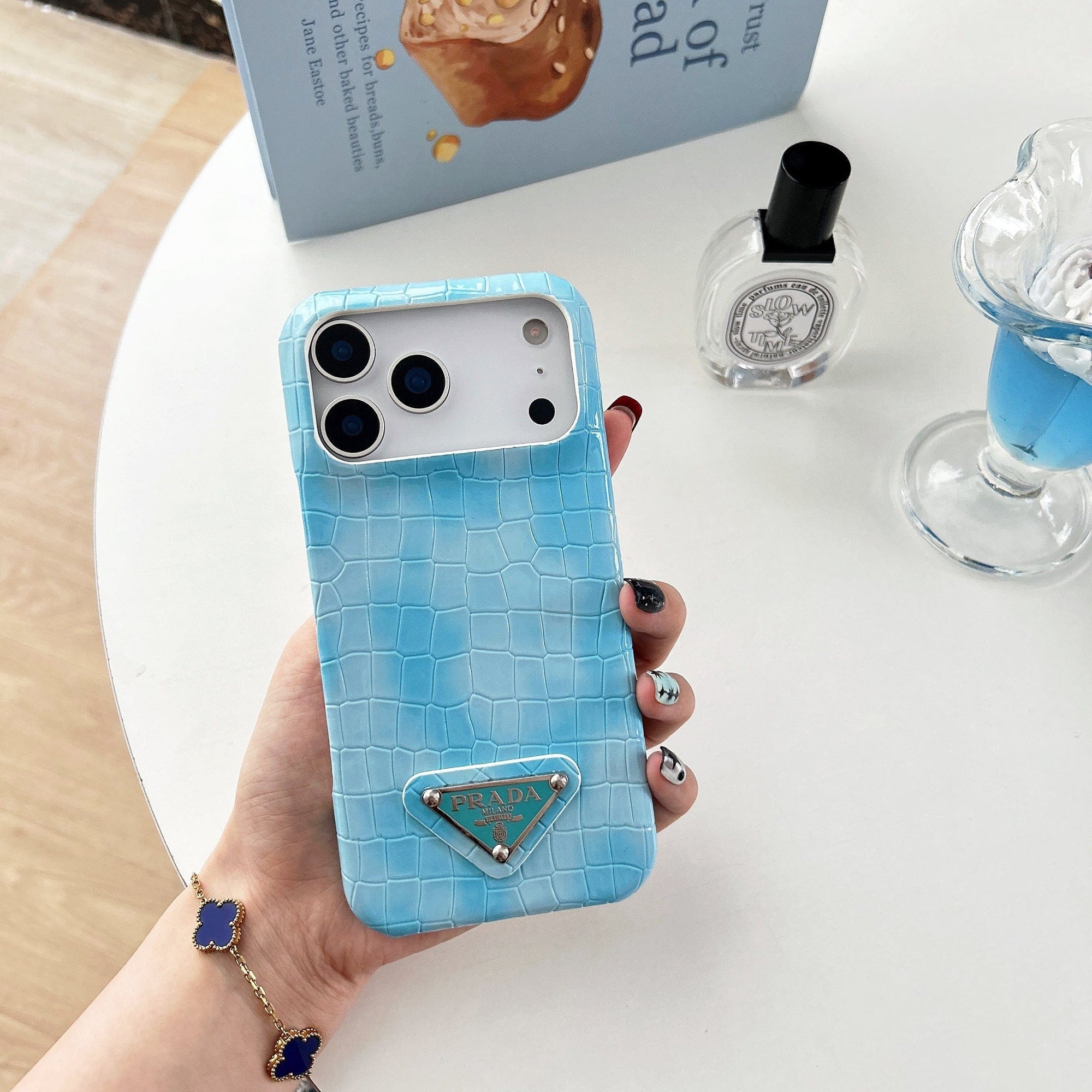 HypedEffects Prada Crocodile-Embossed Phone Case for iPhone 17 with Iconic Metal Triangle Logo