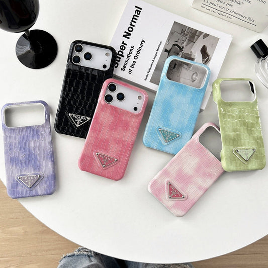 HypedEffects Prada Crocodile-Embossed Phone Case for iPhone 17 with Iconic Metal Triangle Logo