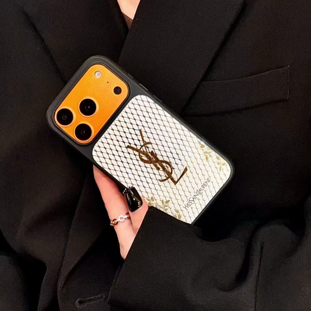 HypedEffects YSL Golden Signature Case Parisian Luxury Style for iPhone 14 to 17 Pro Max