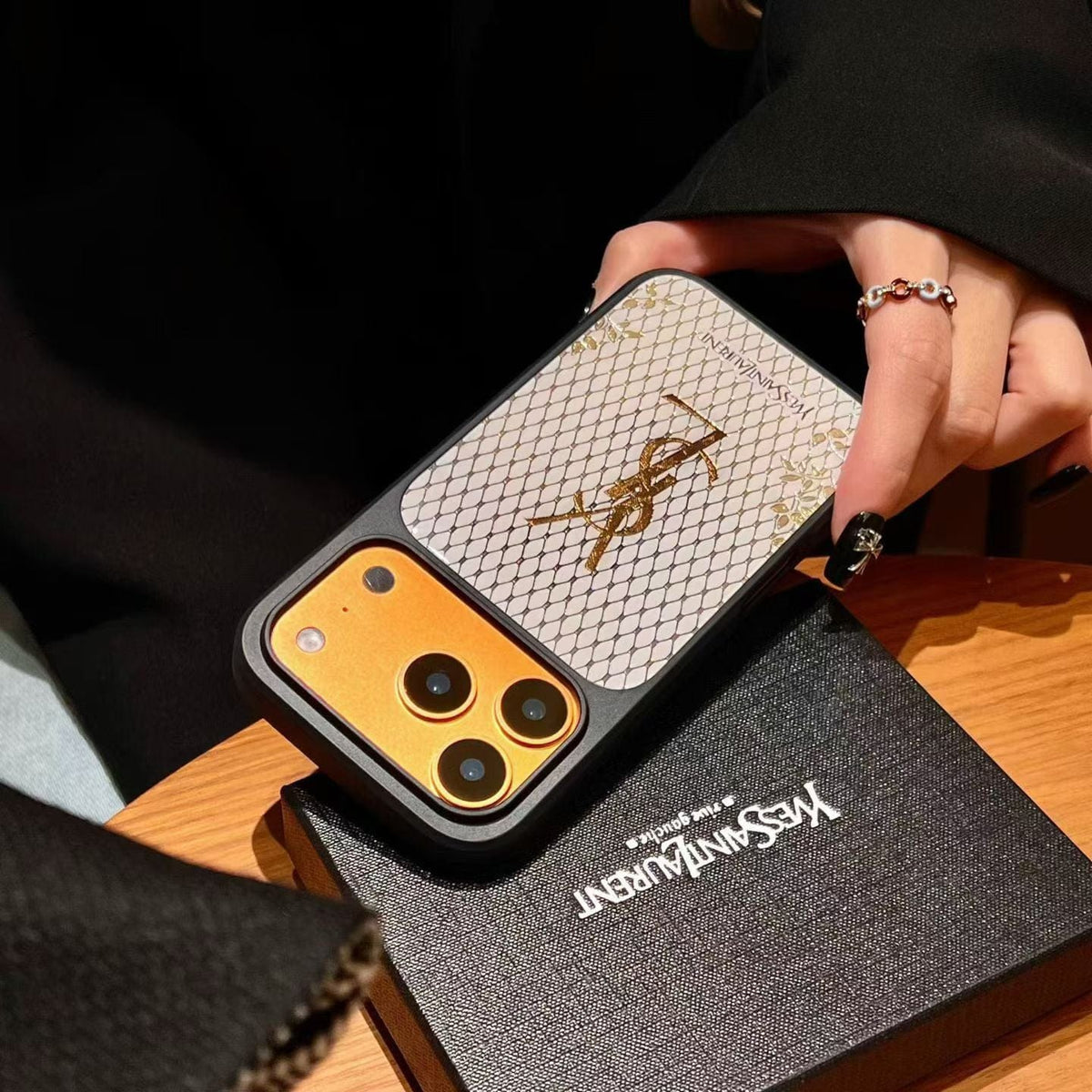 HypedEffects YSL Golden Signature Case Parisian Luxury Style for iPhone 14 to 17 Pro Max