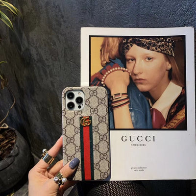 Tunde Store Gucci Monogram Canvas iPhone Case with Stripe Detail