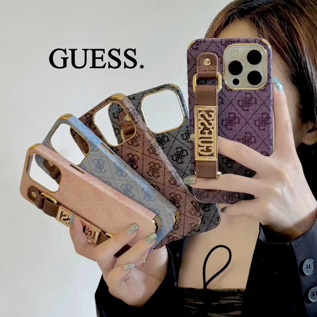 Tunde Store GUESS Monogram Canvas Strap iPhone Case with Gold Logo Plate