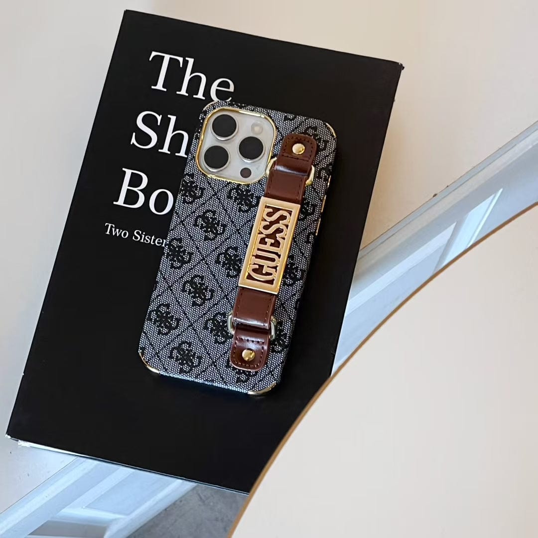 Tunde Store GUESS Monogram Canvas Strap iPhone Case with Gold Logo Plate