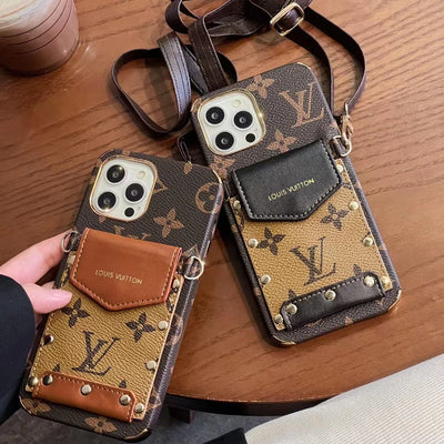 Tunde Store iPhone 12 - 15 Pro Max Leather Case With Louis Vuitton Phone Case Crossbody Lanyard Card