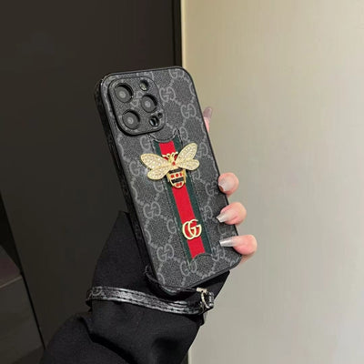 Tunde Store Luxury Bee Emblem Designer Phone Case for iPhone 11 to 16 with Wrist Strap